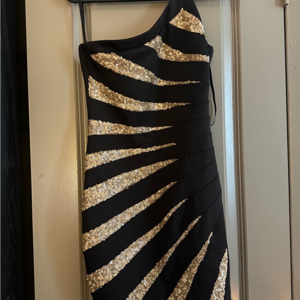 bebe Black and Gold Sequin One-Shoulder Dress